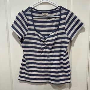 Madewell Navy and White Striped V-Neck Short Sleeve Top